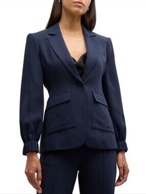 Cinq A Sept Tabitha Frill-Cuff Crepe  Structured Blazer Jacket Navy Blue Size 5